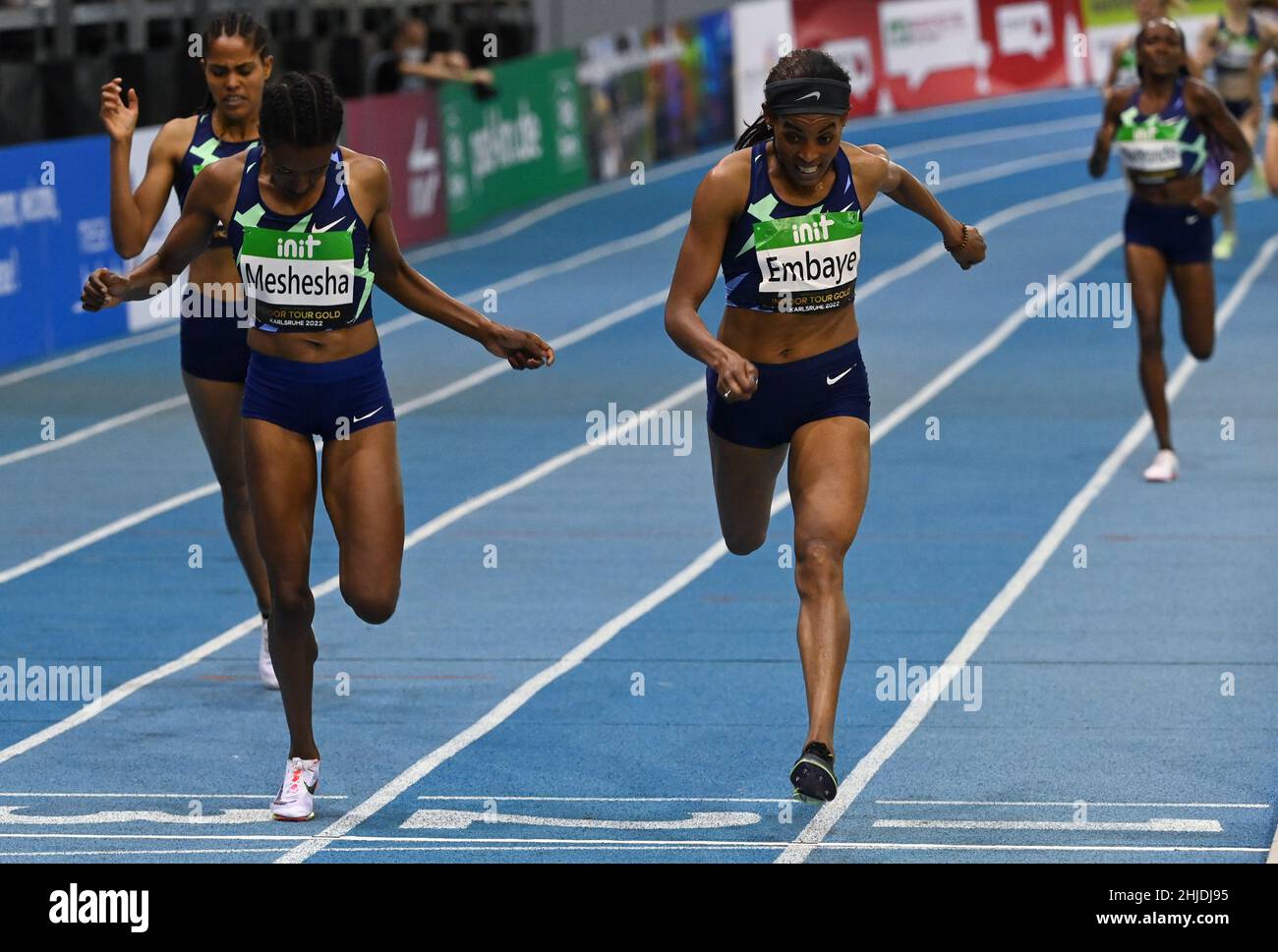 Karlsruhe, Germany. 28th Jan, 2022. Athletics, Indoor Meeting. Axumawit Embaye (M), Hirut Meshesha (2.vl) and Freweyni Hailu (l) from Ethiopia run in the women's 1500m. Credit: Uli Deck/dpa/Alamy Live News Stock Photo