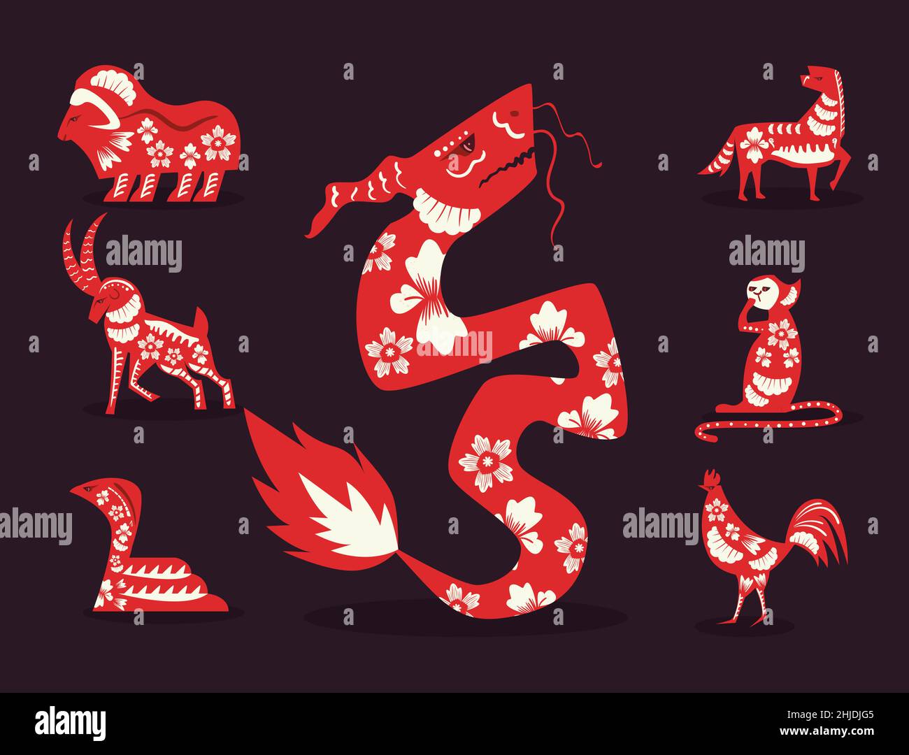 set-of-seven-chinese-zodiac-animals-stock-vector-image-art-alamy