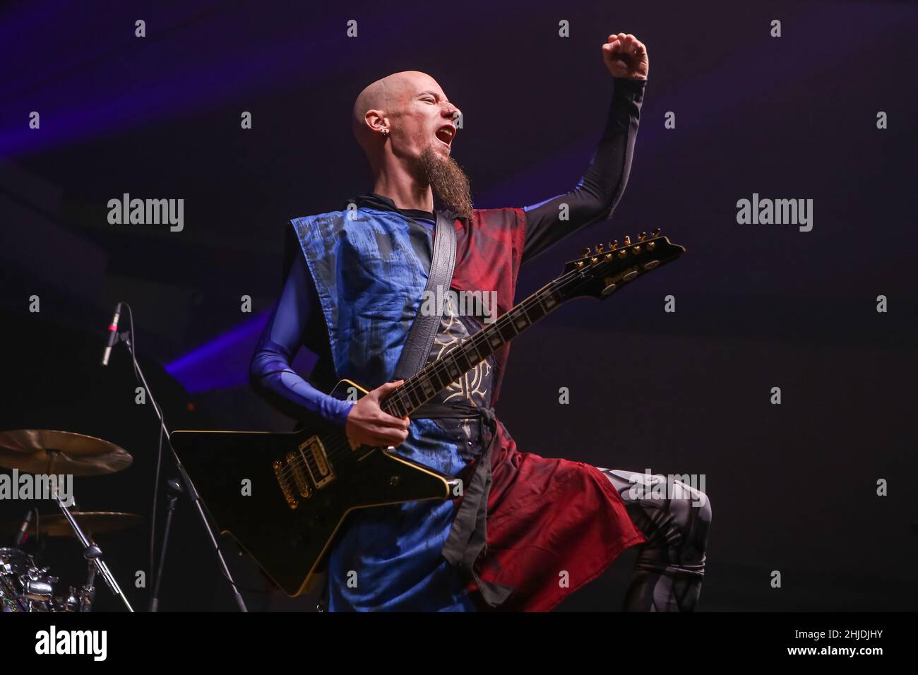 Gloryhammer, British symphonic power metal band, self-described as heroic fantasy power metal: Paul Templing aka Ser Proletius (guitar). Concert at Wartenberg Oval in Wartenberg-Angersbach near Fulda, Germany, 18th Jan, 2017, as support for band Hammerfall, Built To Tour 2017. Stock Photo