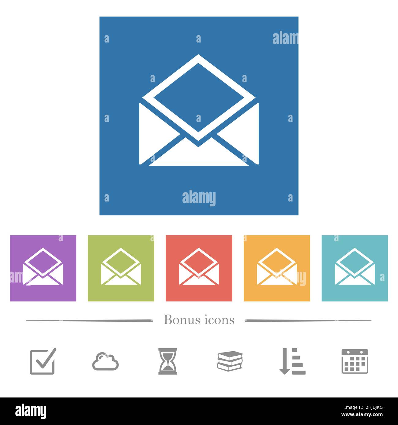 Open mail flat white icons in square backgrounds. 6 bonus icons ...