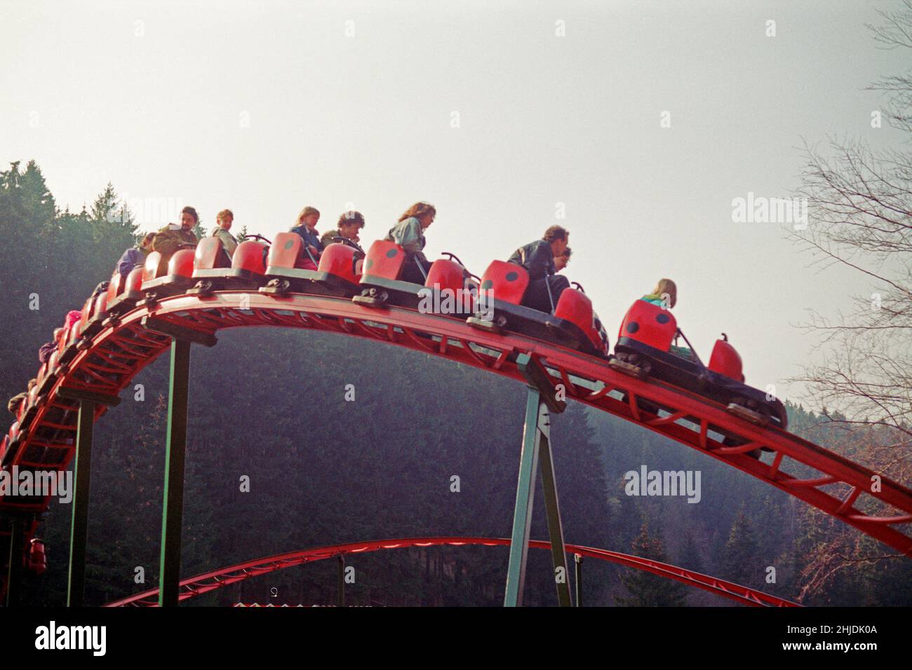 Roller coaster, Amusement Park Fort Fun, March 30, 1991, Bestwig, Sauerland, North Rhine-Westphalia, Germany Stock Photo