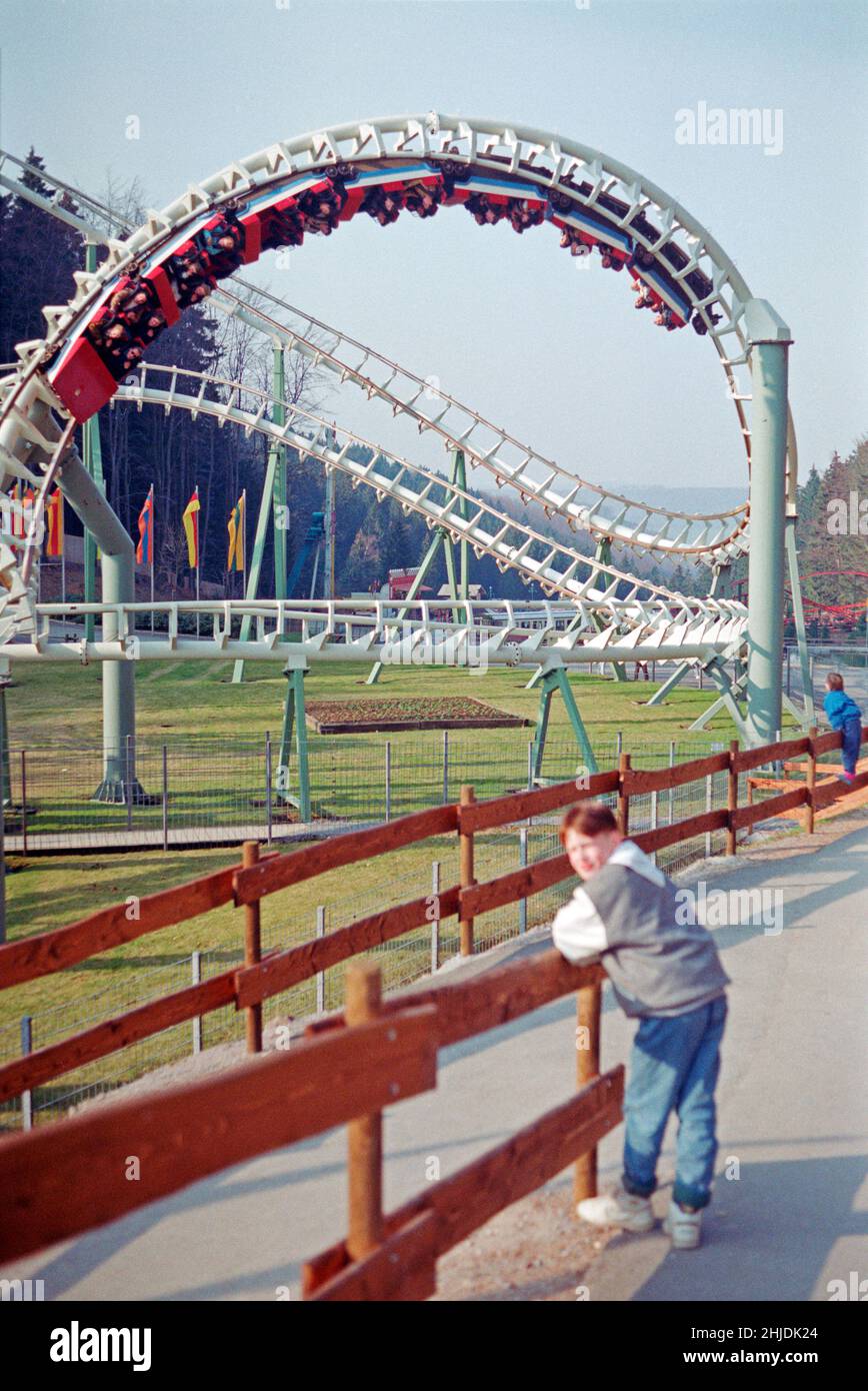 Roller coaster, Amusement Park Fort Fun, March 30, 1991, Bestwig, Sauerland, North Rhine-Westphalia, Germany Stock Photo