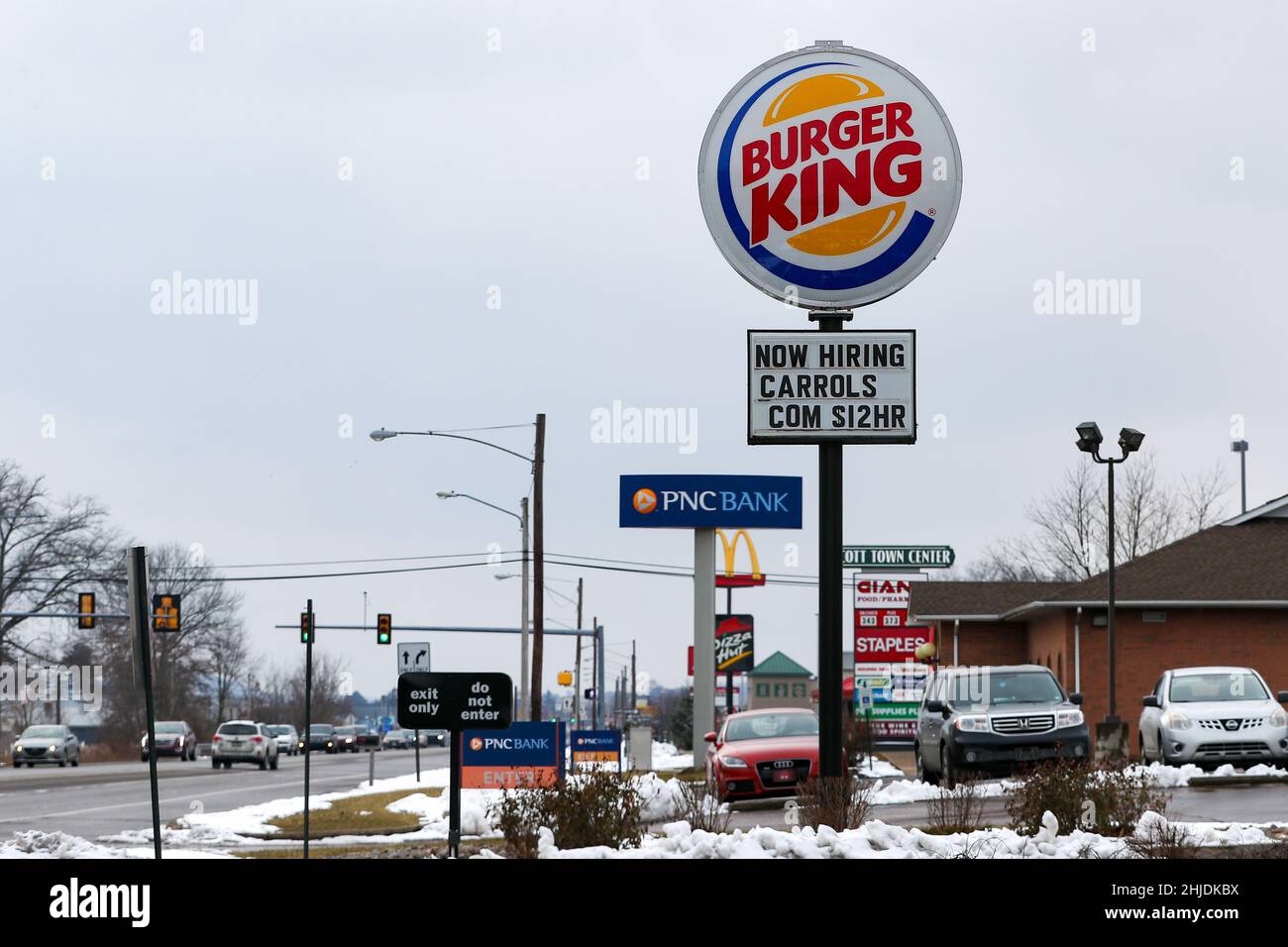 A now hiring sign is seen at a Burger King restaurant in Bloomsburg,  Pennsylvania, on January 28, 2022. (Photo by Paul Weaver/Sipa USA Stock  Photo - Alamy