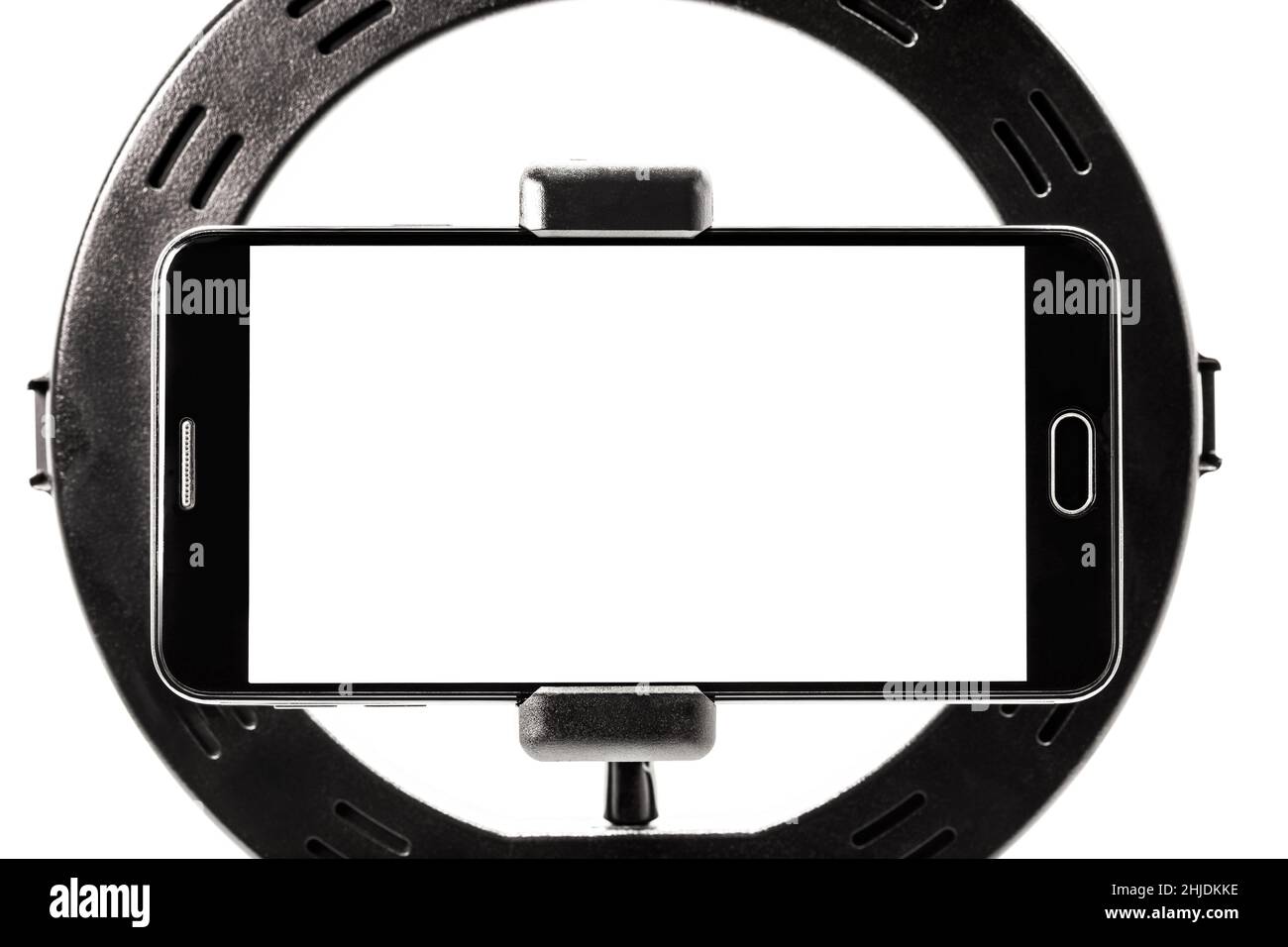 Ring Light template tripe with isolated white background, smartphone shooting horizontal with space for text or photo. Stock Photo