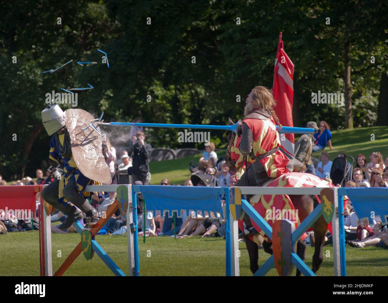 Two jousters colliding during a show, Linlithgow, Scotland, UK. Stock Photo