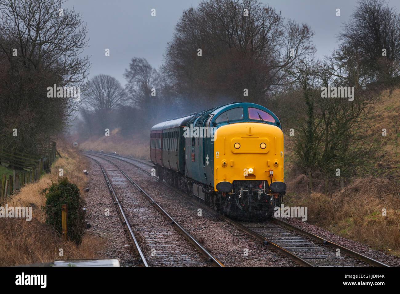 The national railway Museums class 55 deltic locomotive 55002 on the little north western railway line with a west coast railways empty stock train Stock Photo