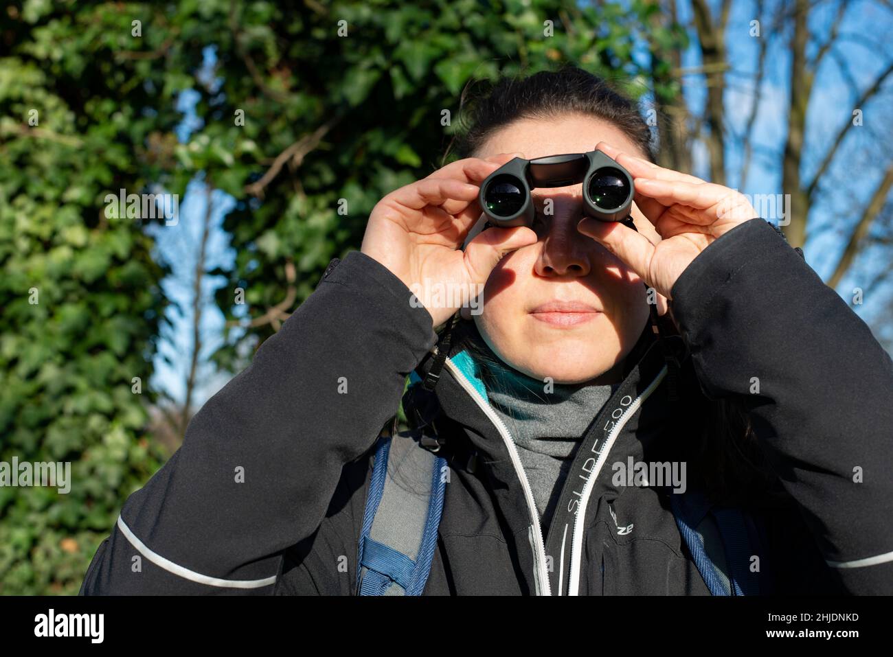 Person birdwatching with binoculars on a cold sunny day Stock Photo