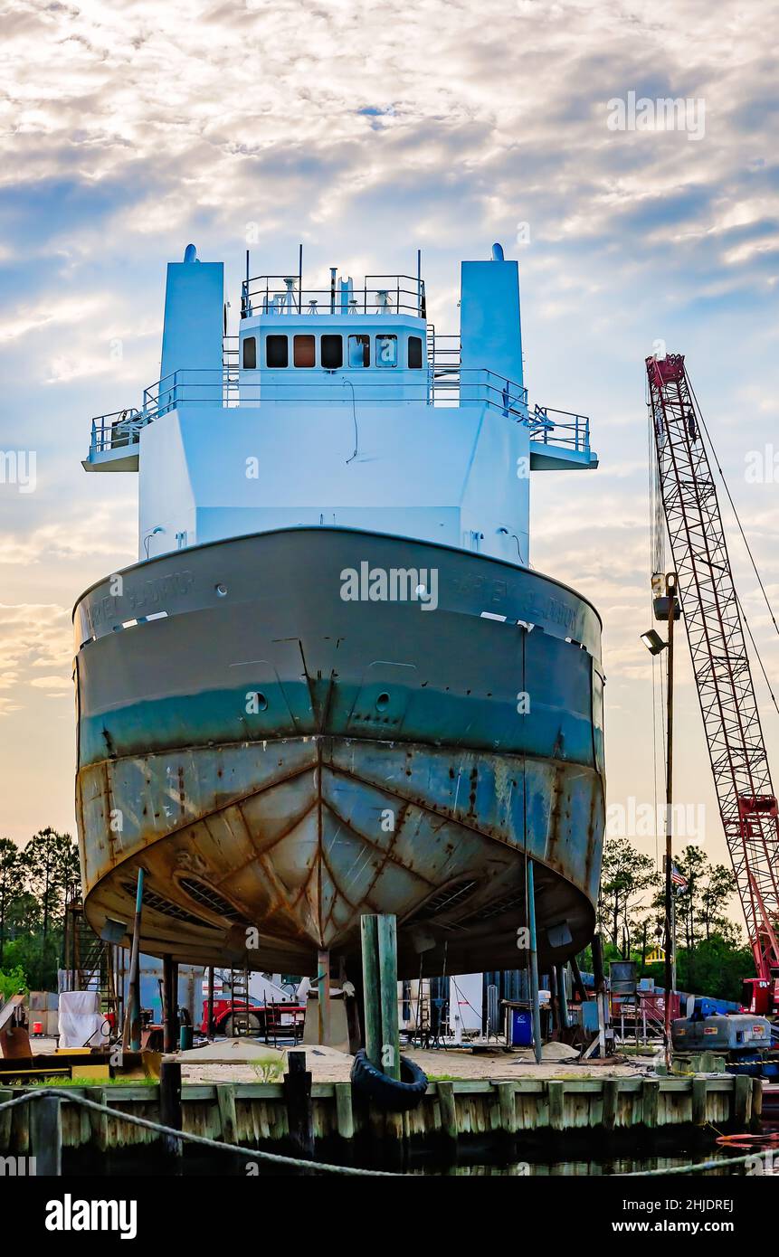 Harvey Gladiator, an offshore supply vessel owned by Harvey Gulf International Marine, is built at Master Boat Builders in Bayou La Batre, Alabama. Stock Photo