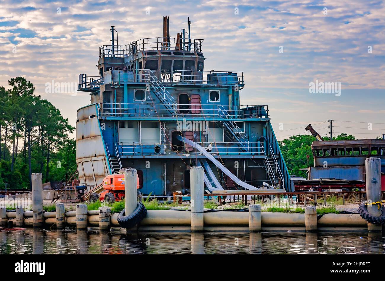 A cross-section of a ship is pictured while under construction, May 2, 2014, in Bayou La Batre, Alabama. Stock Photo