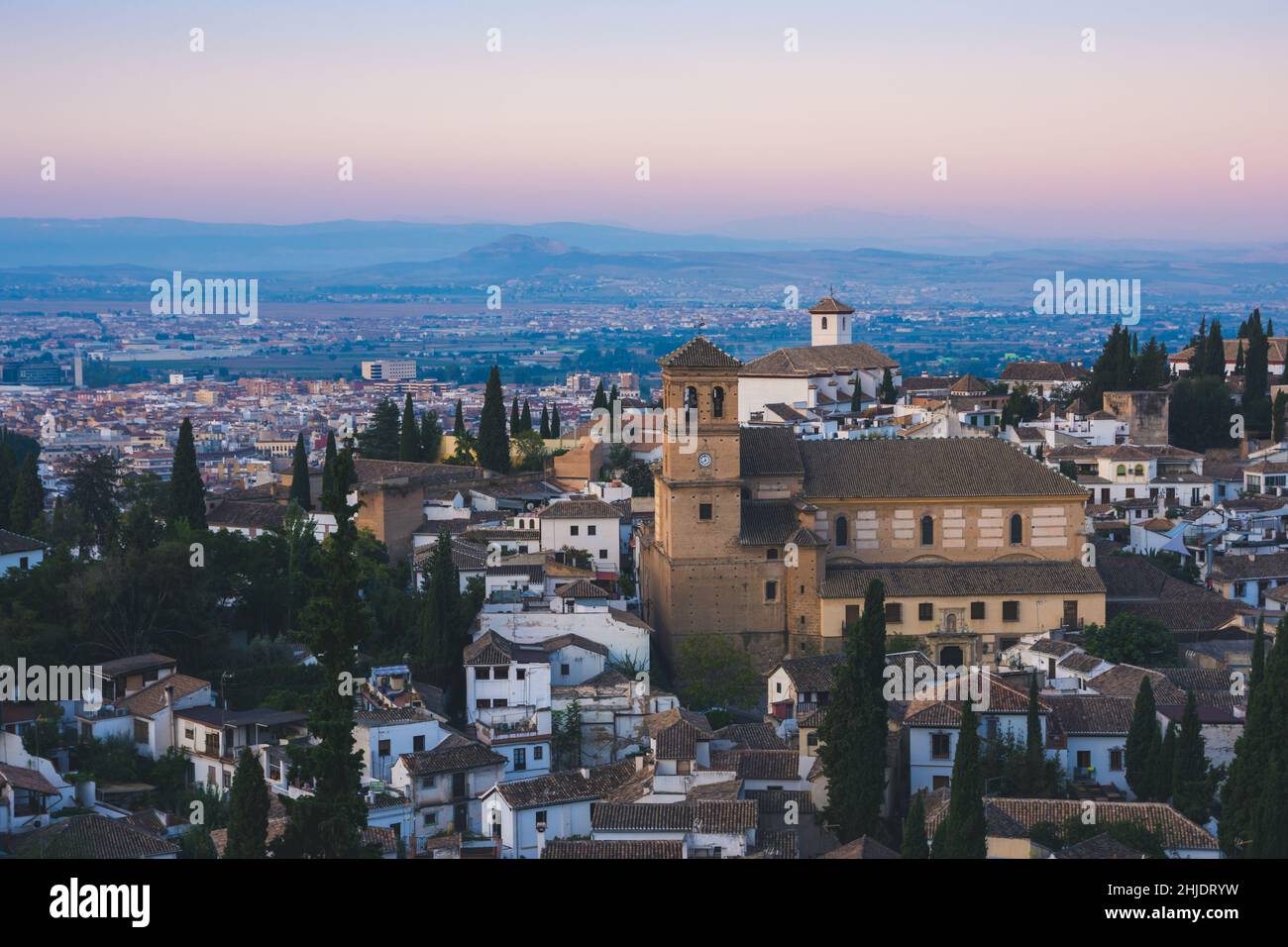 Sunrise skyline view of Albaicin district of Granada from Sacromonte, andalucia, spain Stock Photo