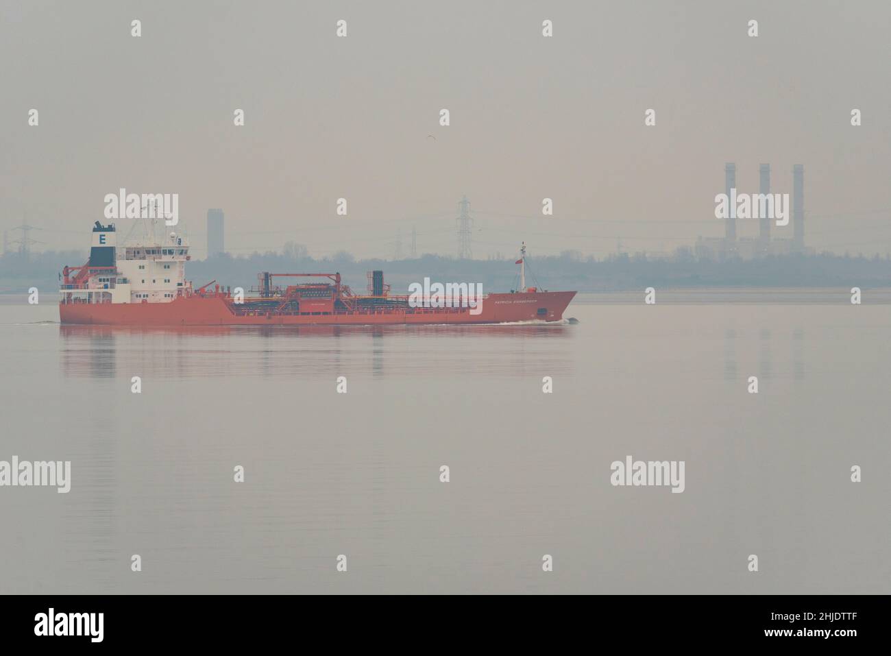 Patricia Essberger Oil, chemical Tanker on the Thames Estuary passing Southend on Sea, Essex, heading to Dagenham on a foggy grey morning Stock Photo
