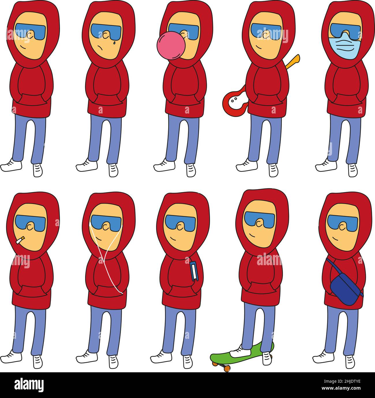 Pack of 10 Bad Teenage Boys in a red hoodie with skateboard, bubble gum, book, guitar, mask, smoking a cigarette, smiling, sad, hands in pockets Stock Vector