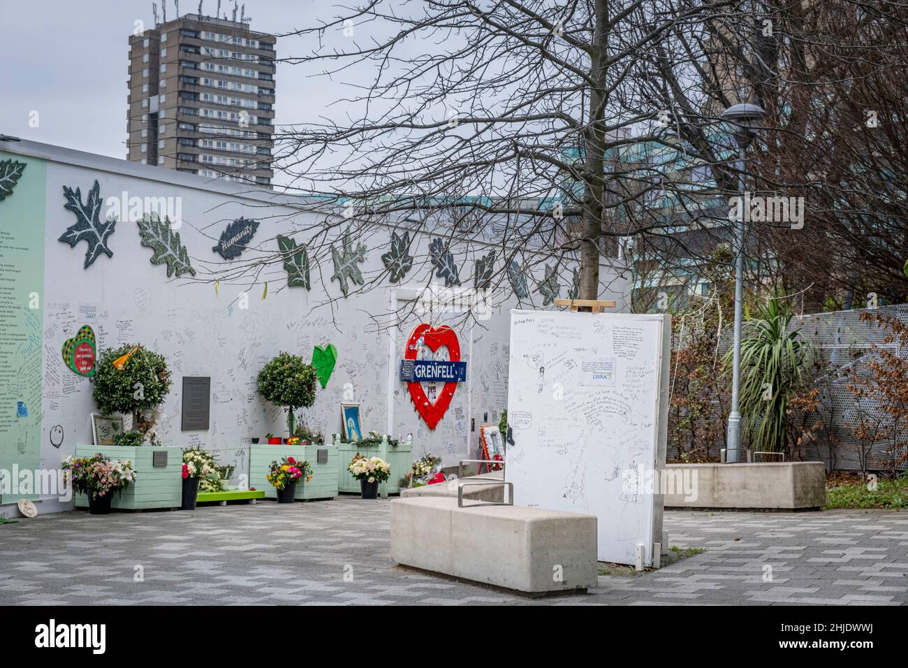 The Grenfell Tower Memorial Wall, commemorating those who died in the fire of June 2017 as a result of aluminium cladding, North Kensington, London Stock Photo