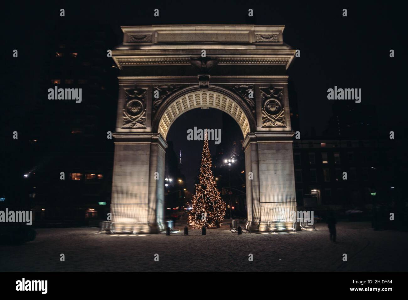 Washington Square Arch and Christmas Tree in the snow, Washington