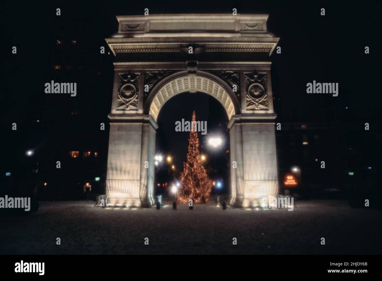 Washington Square Arch and Christmas Tree in the snow, Washington