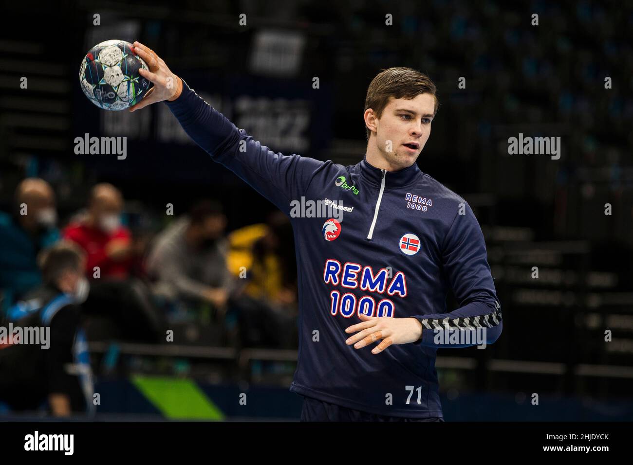 Budapest, Hungary, 28th January 2022. Alexander Christoffersen Blonz of Norway warms up during the Men's EHF EURO 2022, Fifth Place Match between Iceland v Norway in Budapest, Hungary. January 28, 2022. Credit: Nikola Krstic/Alamy Stock Photo