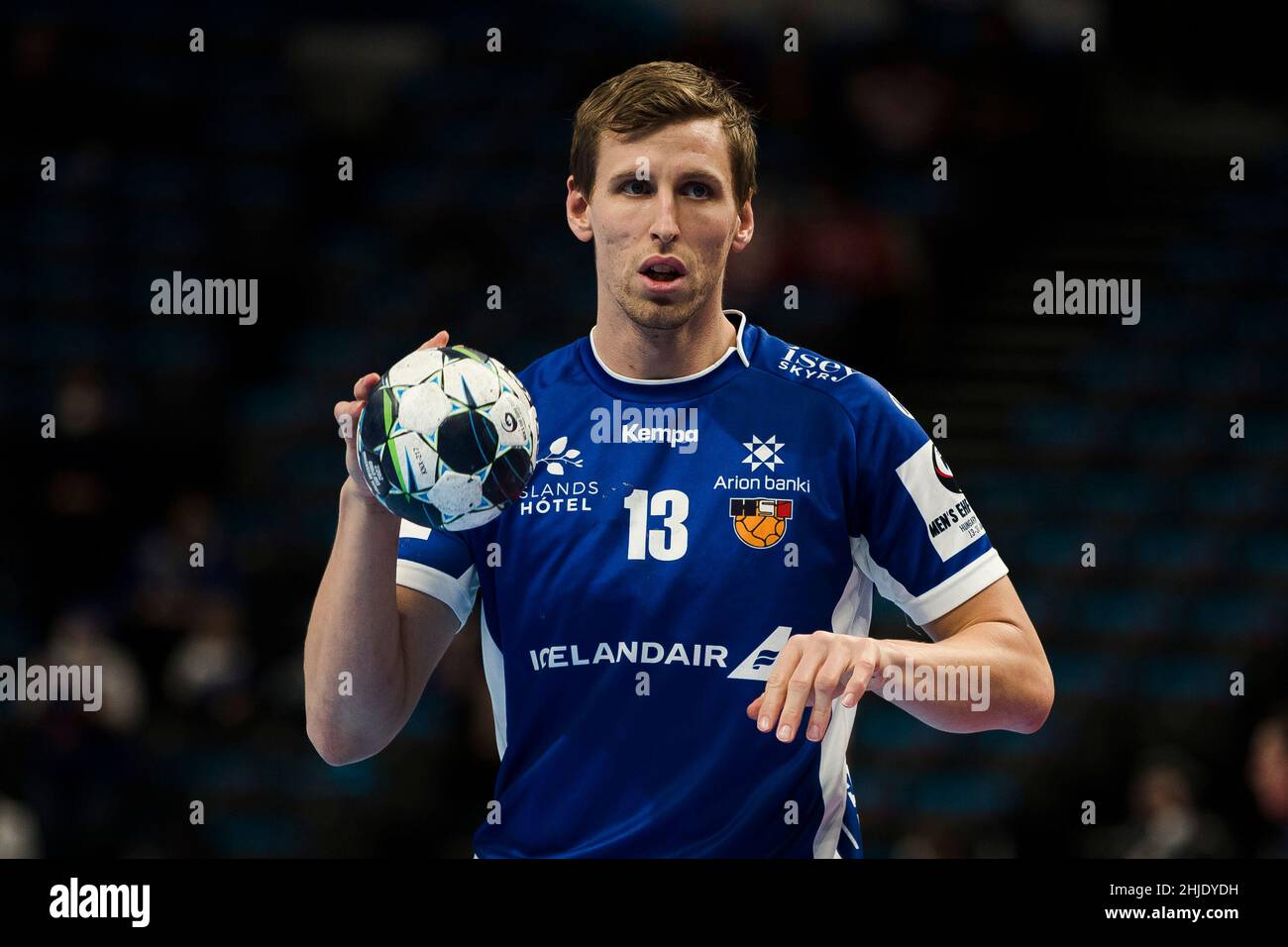 Budapest, Hungary, 28th January 2022. Olafur Andres Gudmundsson of Iceland in action during the Men's EHF EURO 2022, Fifth Place Match between Iceland v Norway in Budapest, Hungary. January 28, 2022. Credit: Nikola Krstic/Alamy Stock Photo