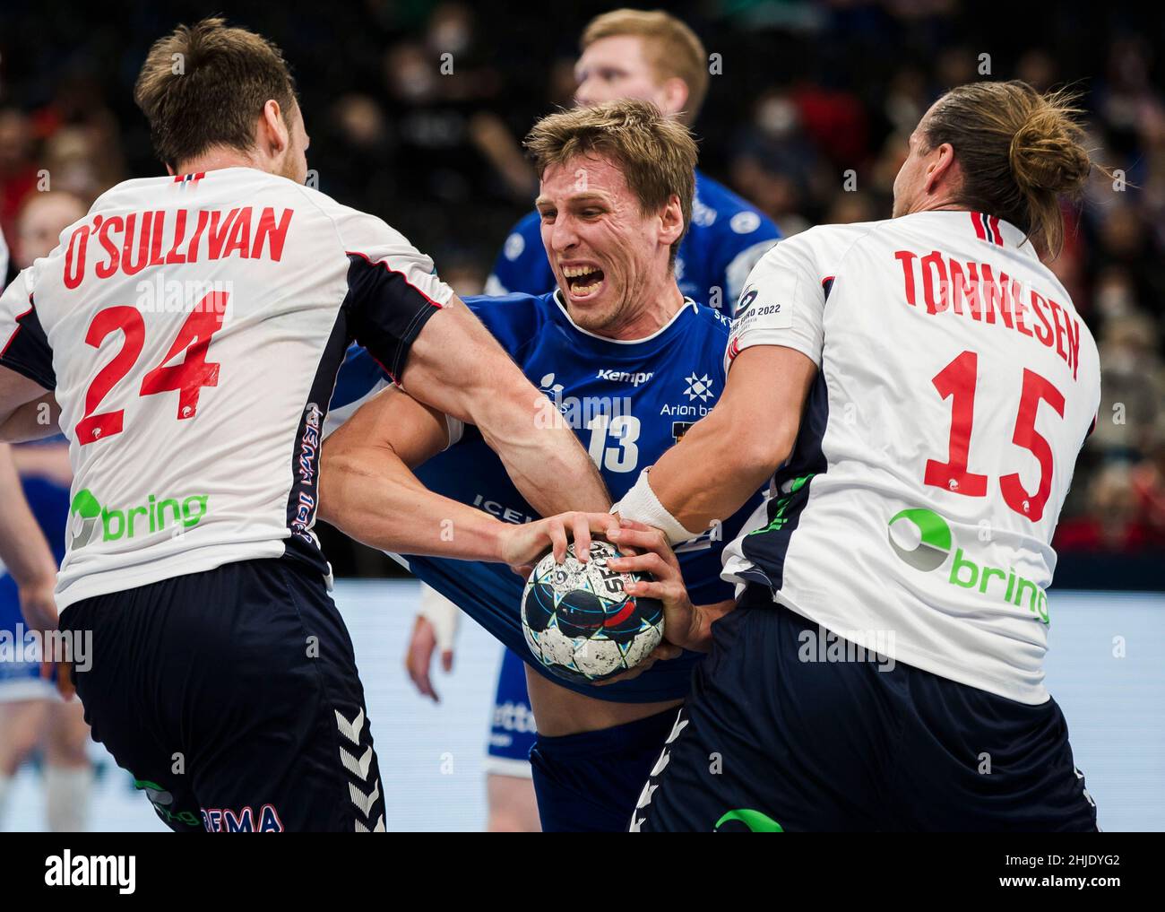 Budapest, Hungary, 28th January 2022. Olafur Andres Gudmundsson of Iceland in action during the Men's EHF EURO 2022, Fifth Place Match between Iceland v Norway in Budapest, Hungary. January 28, 2022. Credit: Nikola Krstic/Alamy Stock Photo