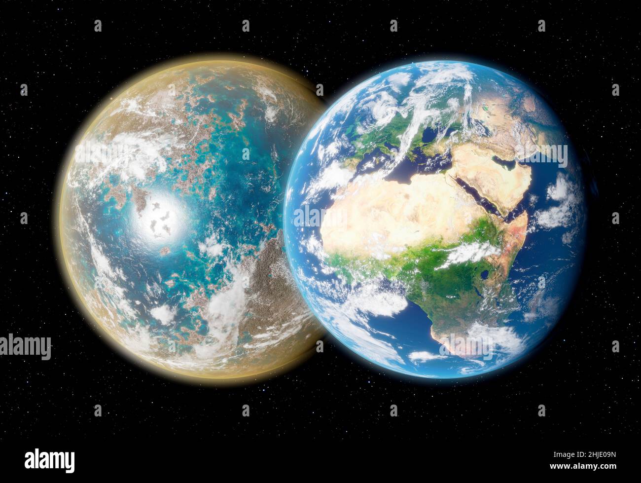 Artwork comparing Earth past and present Stock Photo