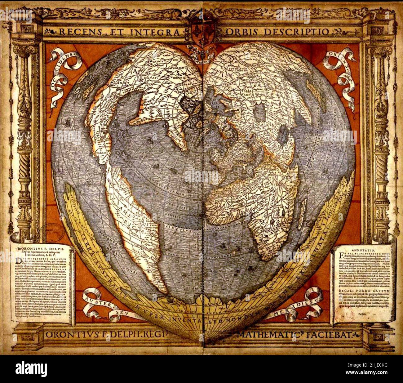 Oronce Fine, Heart-shaped world map showing the southern Earth. Census et integra orbis descriptio , Paris, 1536. Stock Photo
