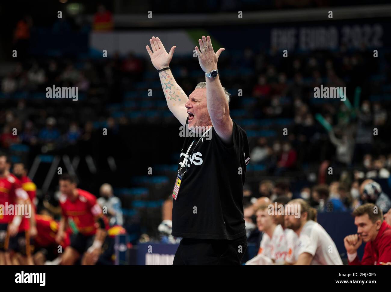 Budapest, Hungary, 28th January 2022. Head Coach Nikolaj Jacobsen of Denmark reacts during the Men's EHF EURO 2022, Semi Final match between Spain v Denmark in Budapest, Hungary. January 28, 2022. Credit: Nikola Krstic/Alamy Stock Photo