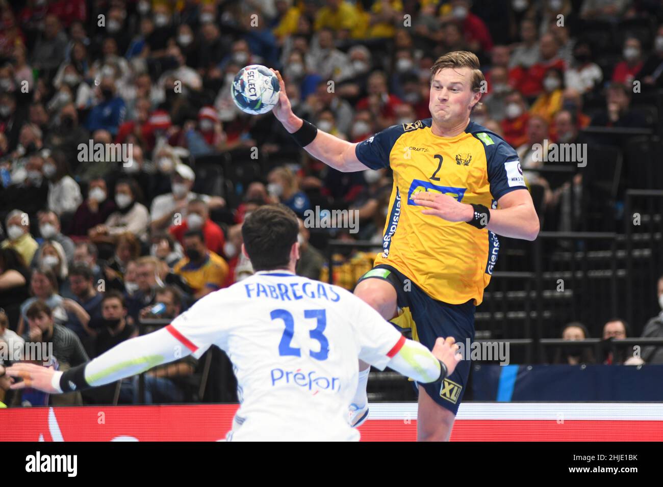 EHF Euro 2022. Semifinal: Jonathan Carlsbogard (Sweden) against France Stock Photo
