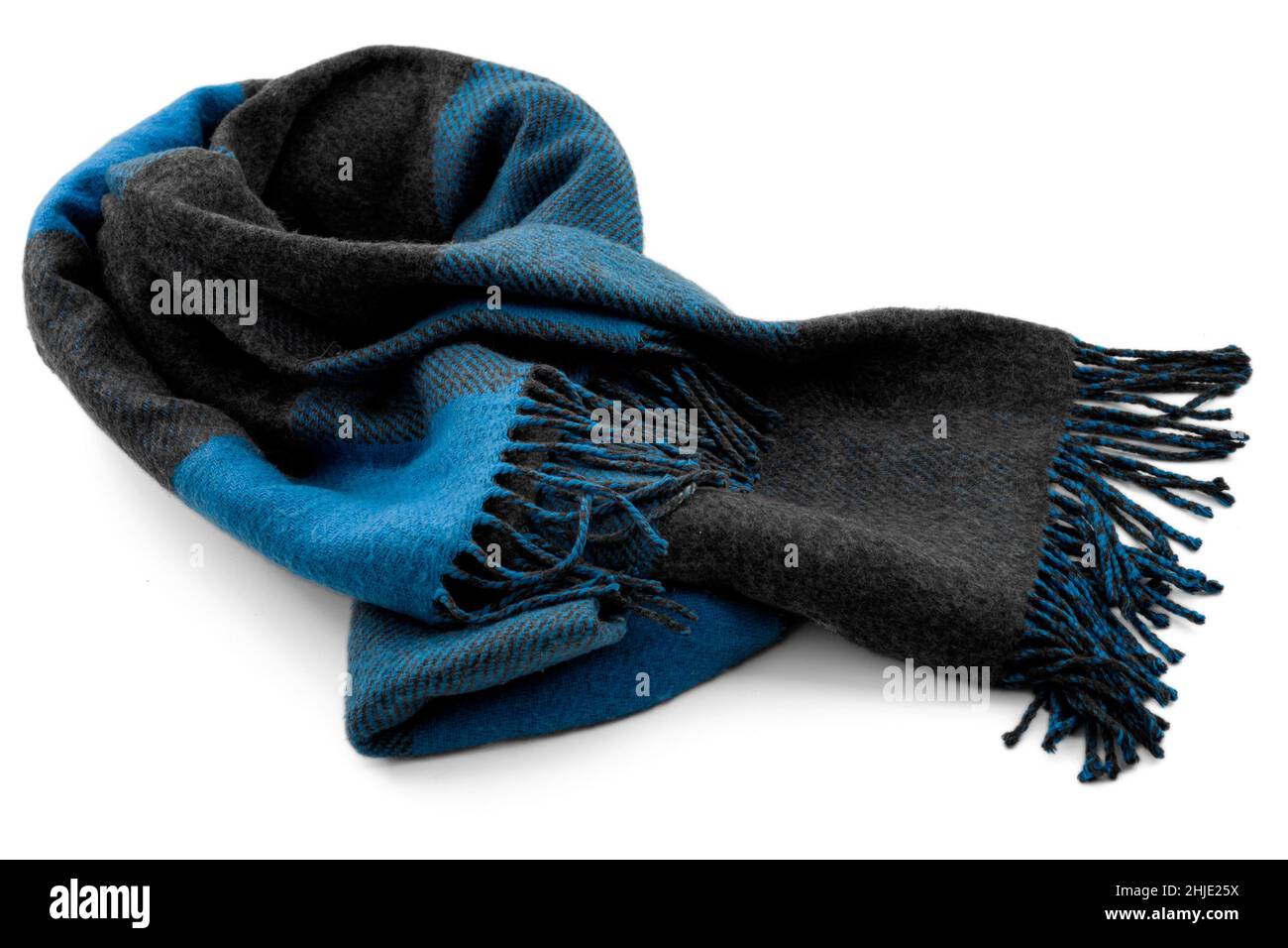 Cold weather accessories concept with blue wool neck scarf isolated on