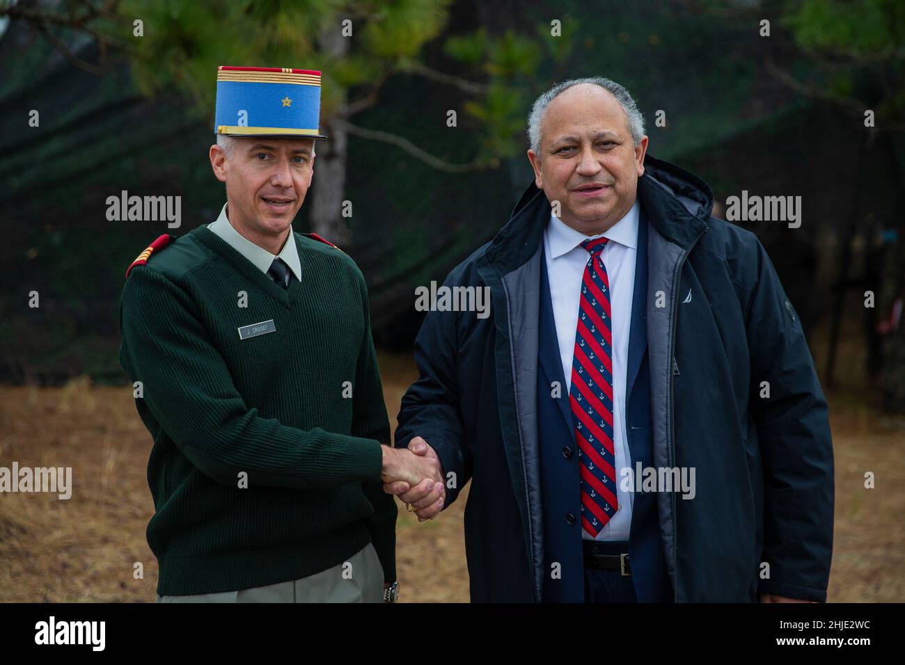 Camp Lejeune, United States. 28th Jan, 2022. U.S. Secretary of the Navy Carlos Del Toro greets Major Jeremie Croiset, a French Exchange Officer, during a visit with the Marines of 1st Battalion, 6th Marine Regiment, 2d Marine Division, January 28, 2022 at Camp Lejeune, North Carolina. Credit: LCpl. Ryan Ramsammy/US Marines/Alamy Live News Stock Photo