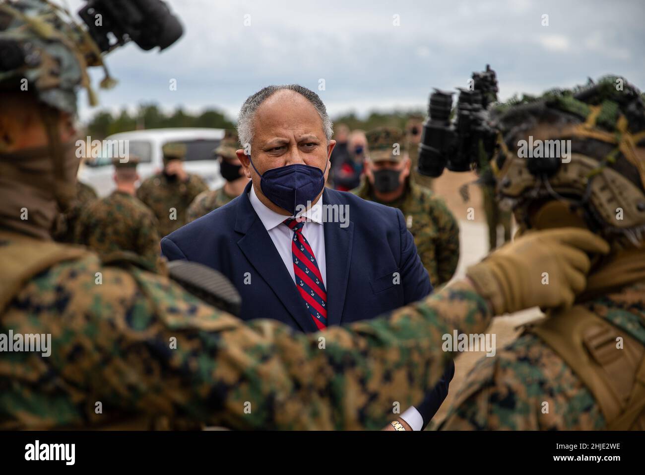 Camp Lejeune, United States. 28th Jan, 2022. U.S. Secretary of the Navy Carlos Del Toro is show the Peltor headset and hi-cut helmet systems by the Marines of 1st Battalion, 6th Marine Regiment, 2d Marine Division, during a visit to the live fire range, January 28, 2022 at Camp Lejeune, North Carolina. Credit: LCpl. Ryan Ramsammy/US Marines/Alamy Live News Stock Photo