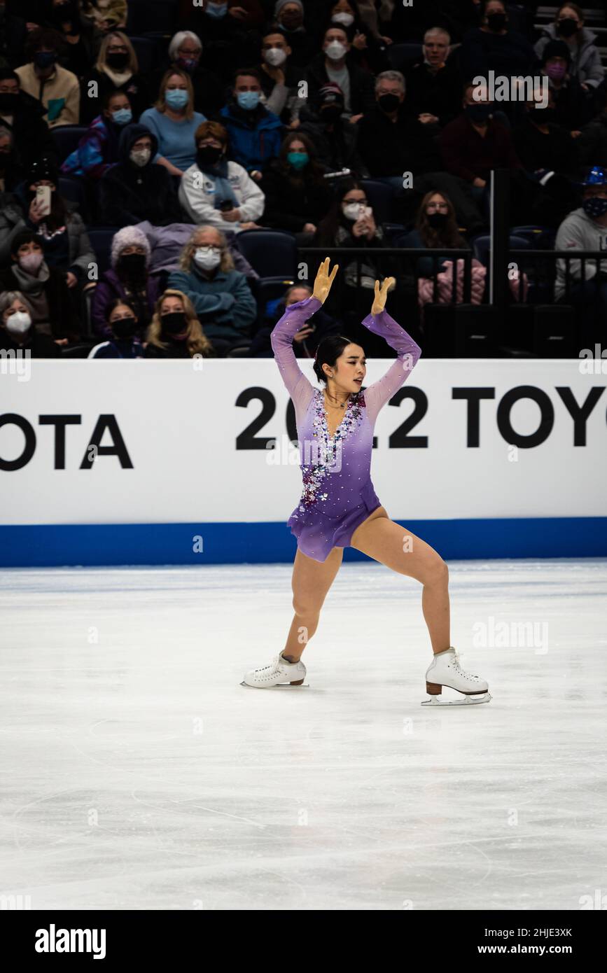 Karen Chen competes in the free skate that helped her win the silver medal at the U.S. National Figure Skating Championships. Stock Photo
