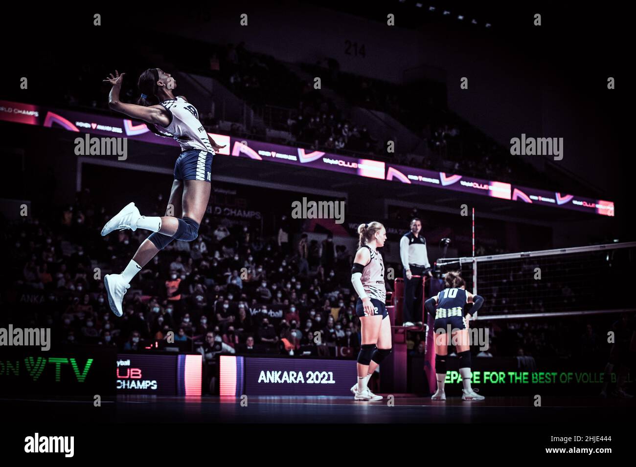 Young female player jumping at the Volleyball Clubs World Champs 2021