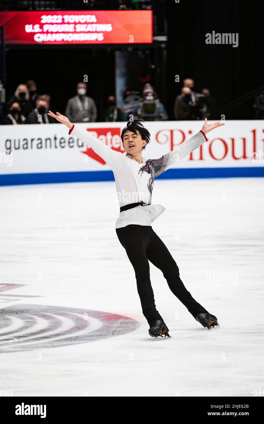 Vincent Zhou competes in the free skate that helped him win the silver medal at the U.S. National Figure Skating Championships. Stock Photo