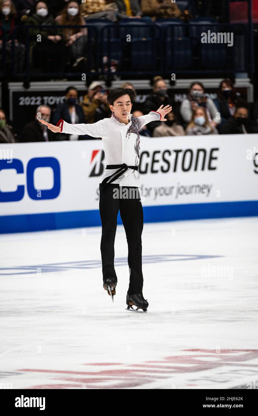 Vincent Zhou competes in the free skate that helped him win the silver medal at the U.S. National Figure Skating Championships. Stock Photo