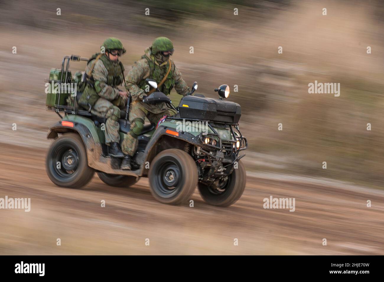 UNDISCLOSED LOCATION, November 2016; Russian Armed Forces Airborne troops (VDV) soldiers riding on AM-1 ATM (all terrain vehicle or quad) Stock Photo