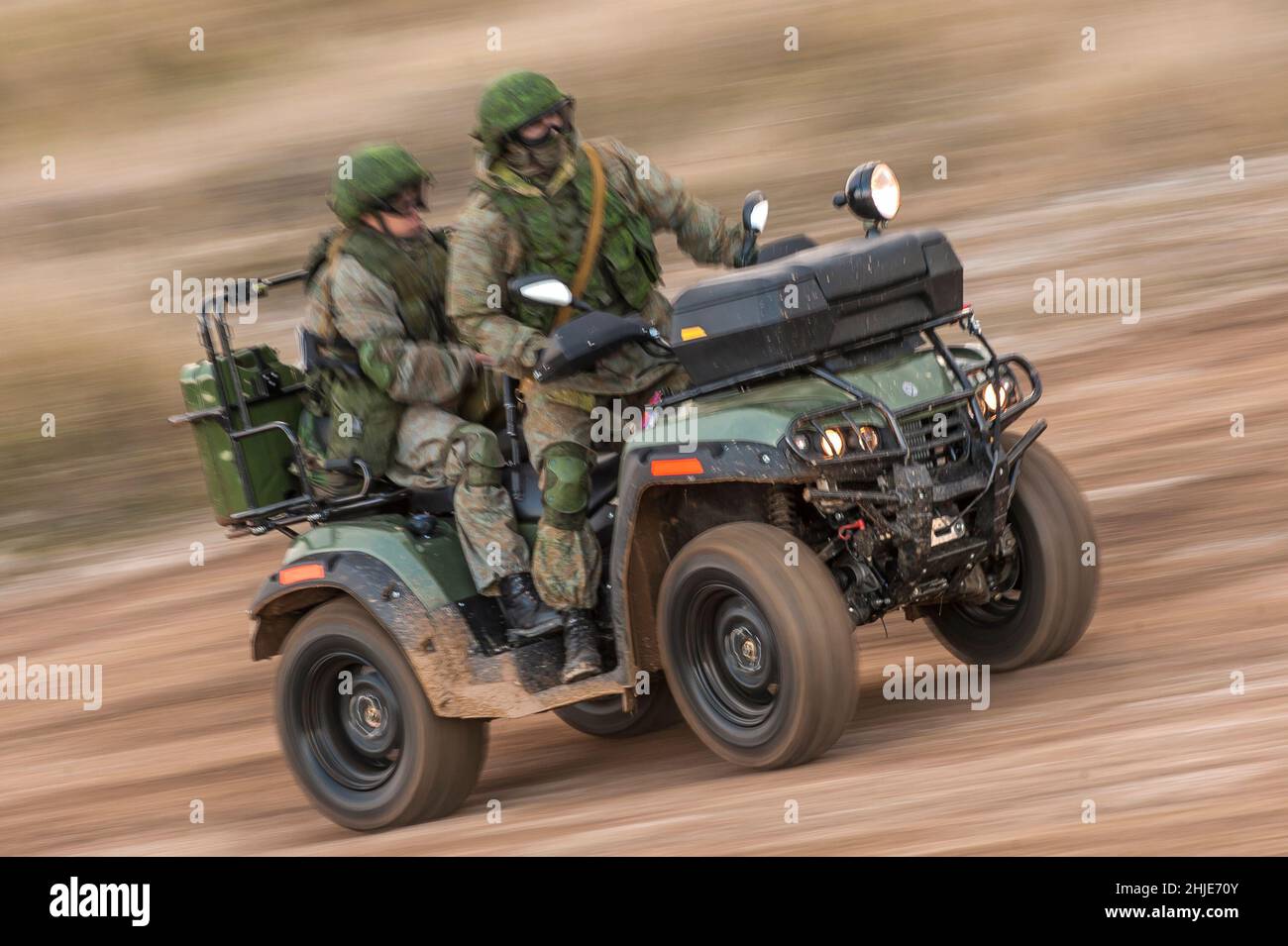 UNDISCLOSED LOCATION, November 2016; Russian Armed Forces Airborne troops (VDV) soldiers riding on AM-1 ATM (all terrain vehicle or quad) Stock Photo