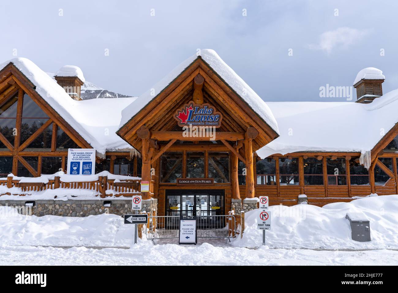Lake Louise, Alberta, Canada - January 27 2022 : Lake Louise Ski Resort in a winter sunny day, during covid-19 pandemic period. Stock Photo