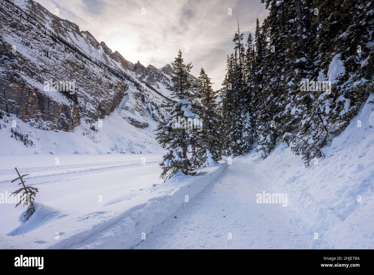 Lake Louise frozen in winter. Beautiful scenery in Banff National Park ...