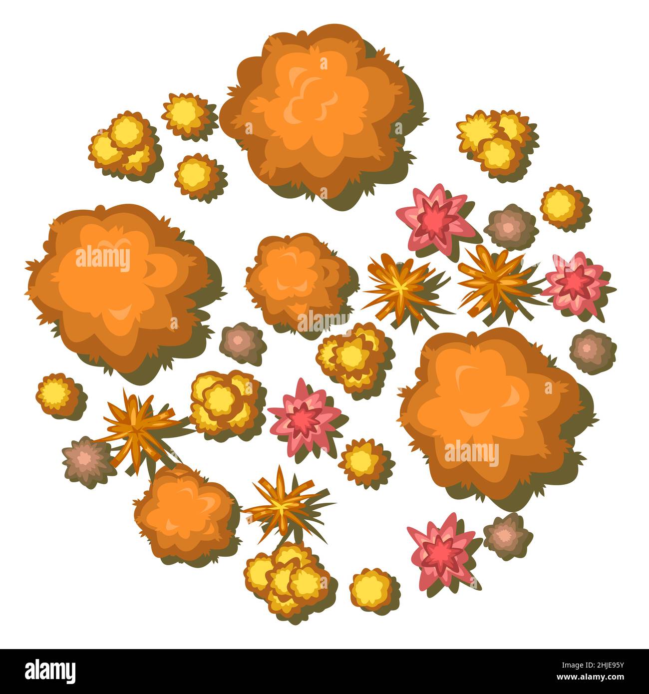 Circle Autumn landscape top view. Scene with yellow and orange trees and bushes from height. Above countryside. Isolated on white background. Cartoon Stock Vector