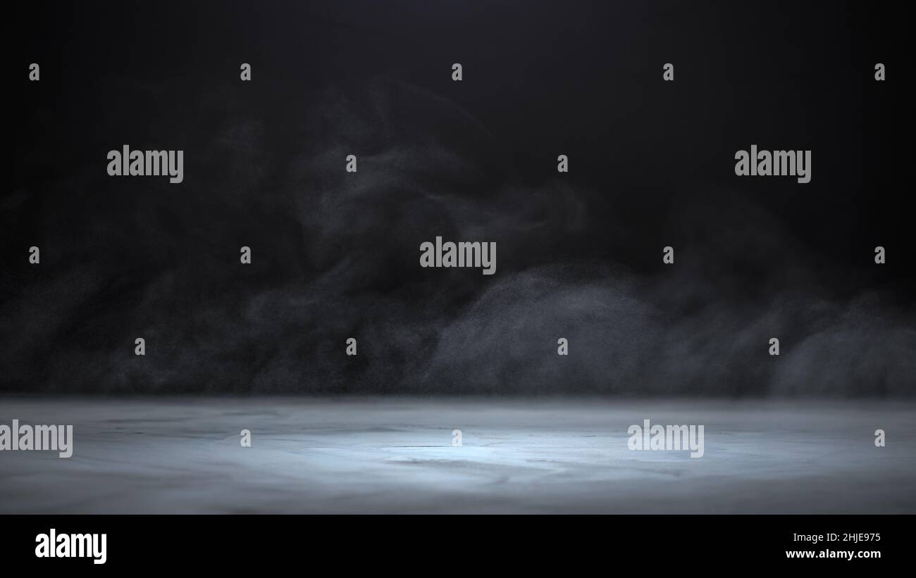 Gray textured concrete platform, podium or table with steam in the dark Stock Photo