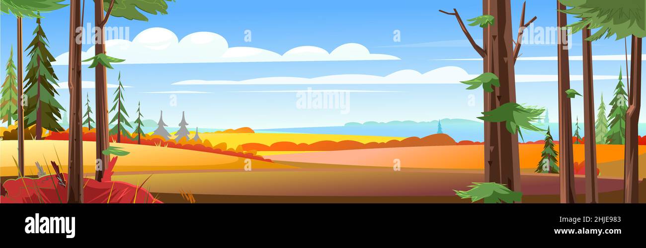 Autumn landscape panorama. Beautiful bright rural scene with orange and yellow grass and plants. Horizontal Illustration in cartoon style flat design. Stock Vector
