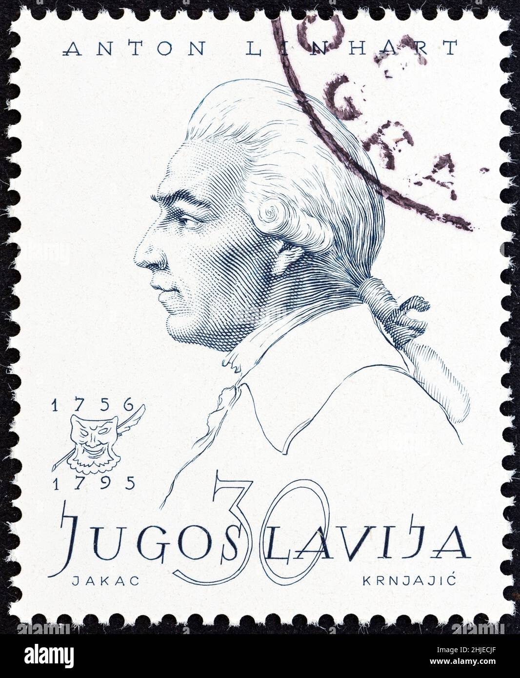 YUGOSLAVIA - CIRCA 1957: A stamp printed in Yugoslavia from the 'Personalities' issue shows Anton Linhart, circa 1957. Stock Photo