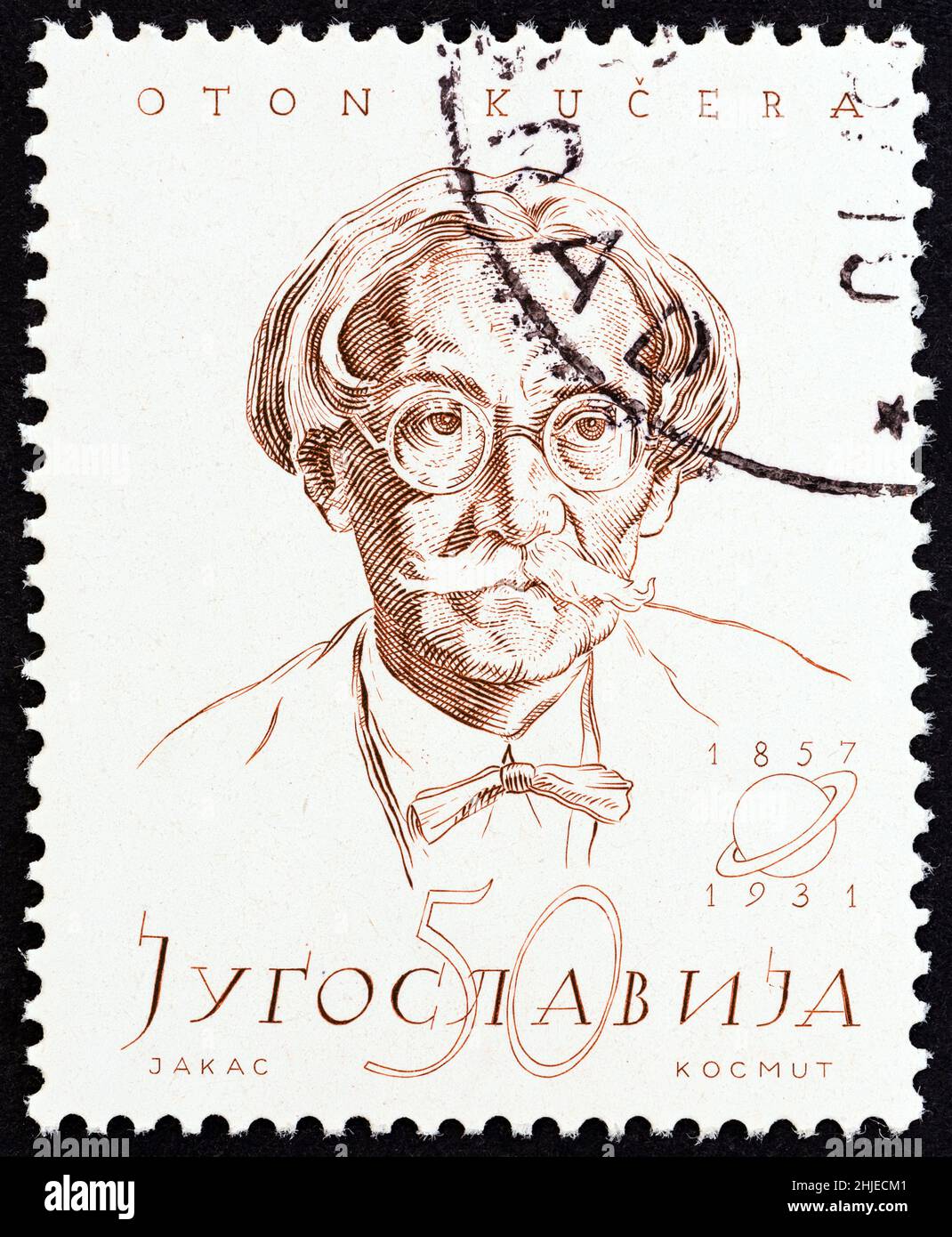 YUGOSLAVIA - CIRCA 1957: A stamp printed in Yugoslavia from the 'Personalities' issue shows Oton Kucera (physicist, birth centenary), circa 1957. Stock Photo