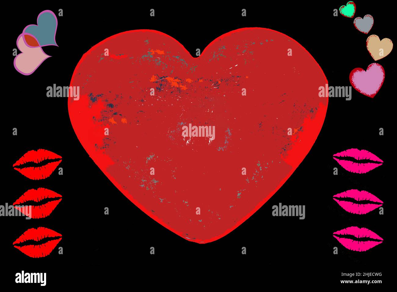 Abstract red heart in Zine Culture Style on black background. Happy ...