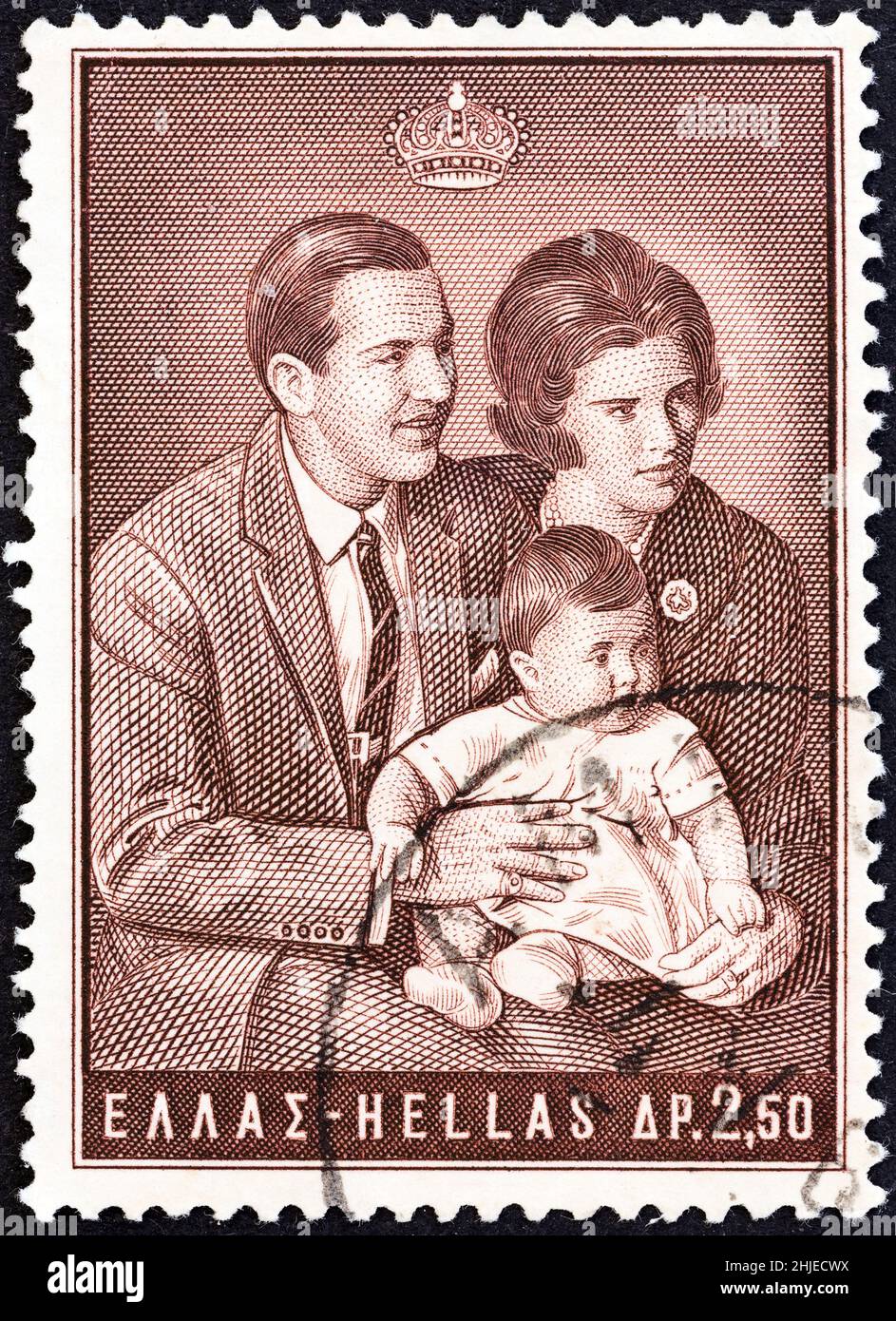 GREECE - CIRCA 1966: A stamp printed in Greece issued for Princess Alexia's First Birthday shows Royal Family, circa 1966. Stock Photo