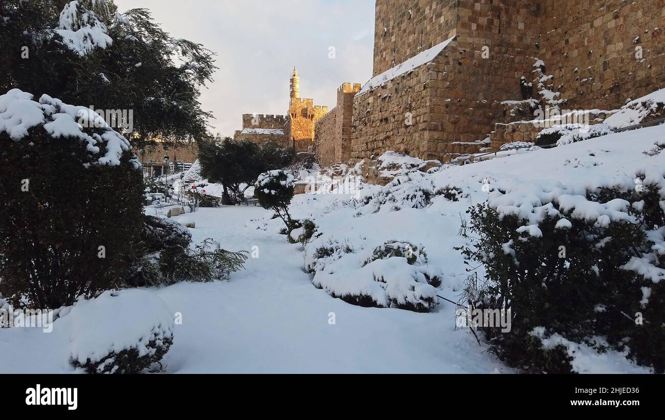 Snow covers Tower of David or Jerusalem Citadel and Mount Zion ...