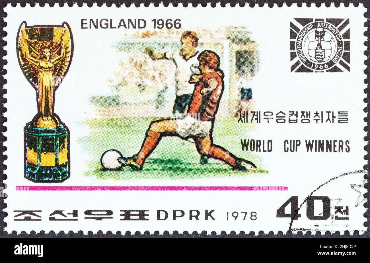 NORTH KOREA - CIRCA 1978: A stamp printed in North Korea from the 'World Cup Football Championship Winners' issue shows England, 1966, circa 1978. Stock Photo