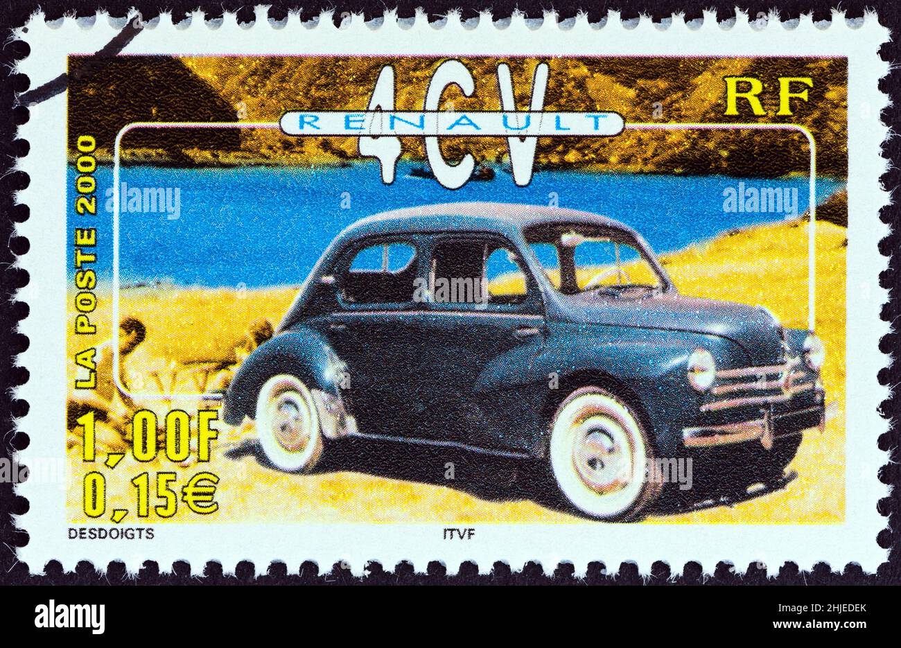 FRANCE - CIRCA 2000: A stamp printed in France from the 'Philexjeunes 2000' issue shows Renault 4CV, circa 2000. Stock Photo