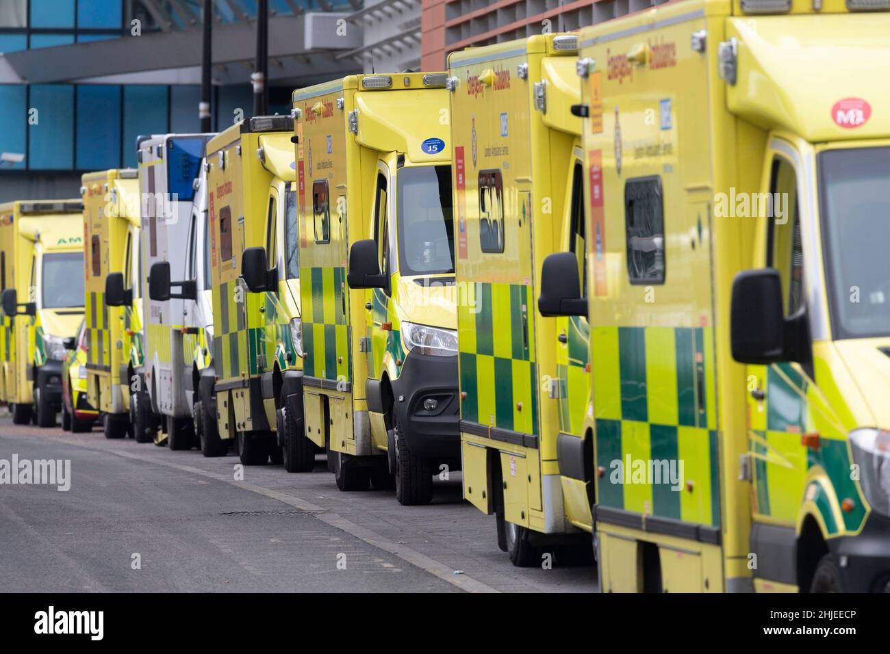 London, UK. 28th Jan, 2022. Photo taken on Jan. 28, 2022 shows ambulances parked outside the Royal London Hospital in London, Britain. A new form of Omicron named BA.2 has been designated a 'variant under investigation,' with 426 cases of the Omicron variant sub-lineage confirmed in the United Kingdom (UK), the UK Health Security Agency (UKHSA) said Friday. Credit: Ray Tang/Xinhua/Alamy Live News Stock Photo