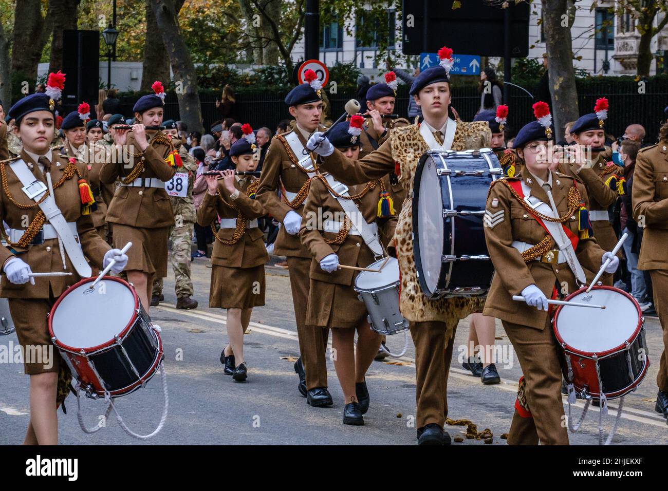 Mill Hill School CCF Corps of Drums marching in the Lord Mayor’s Show, 2021, Victoria Embankment, London, Uk. Stock Photo