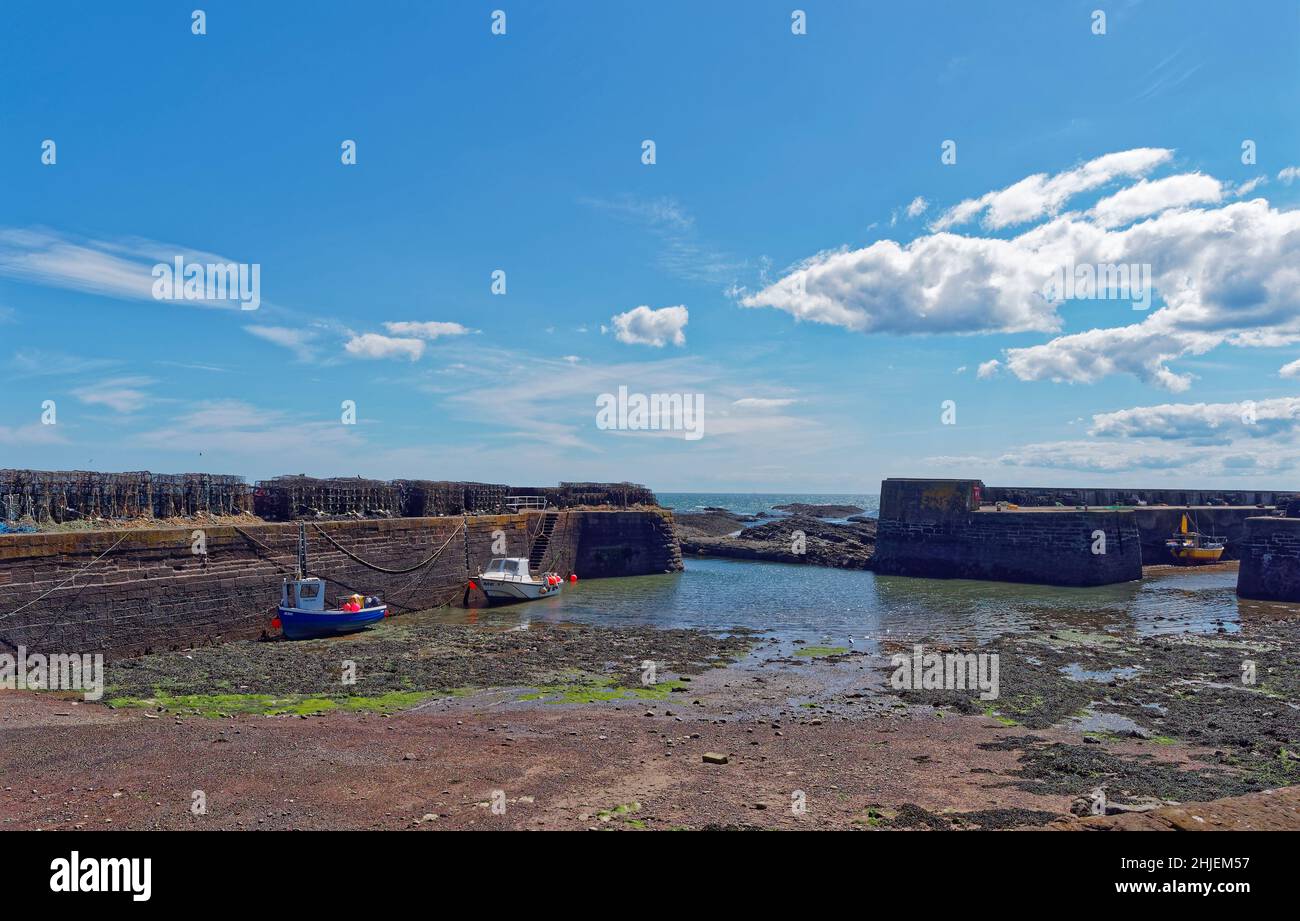 Small Fishing Boats alongside the Harbour Walls of Johnshaven Fishing Village at Low Tide on a bright Sunny day in June Stock Photo